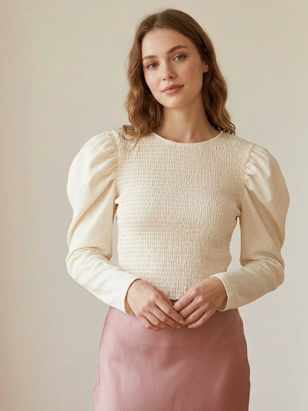 🌸Bershka Long Sleeve Top 🌸 Chic Cream Puff-Sleeve Smocked Blouse 🌸 Size Medium
